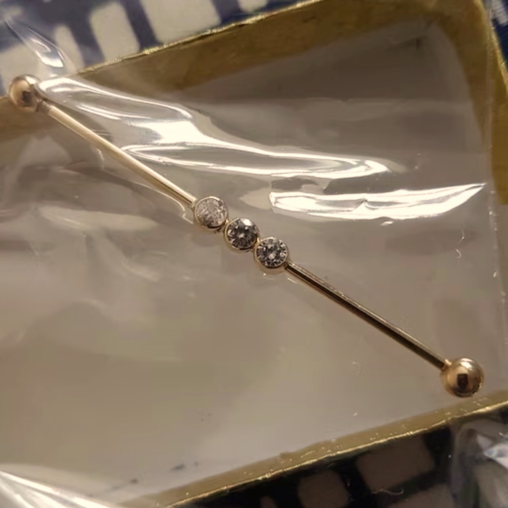 14K Gold Industrial Scaffold Barbell w/Triple CZ Bezels